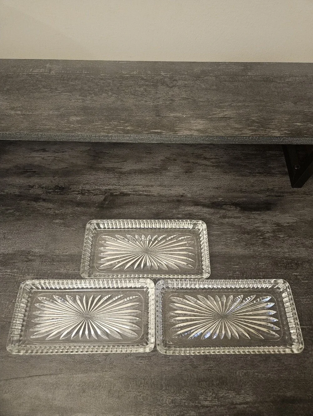 3 VTG Clear Pressed Glass Starburst Rectangular Trinket Dishes / Relish Trays